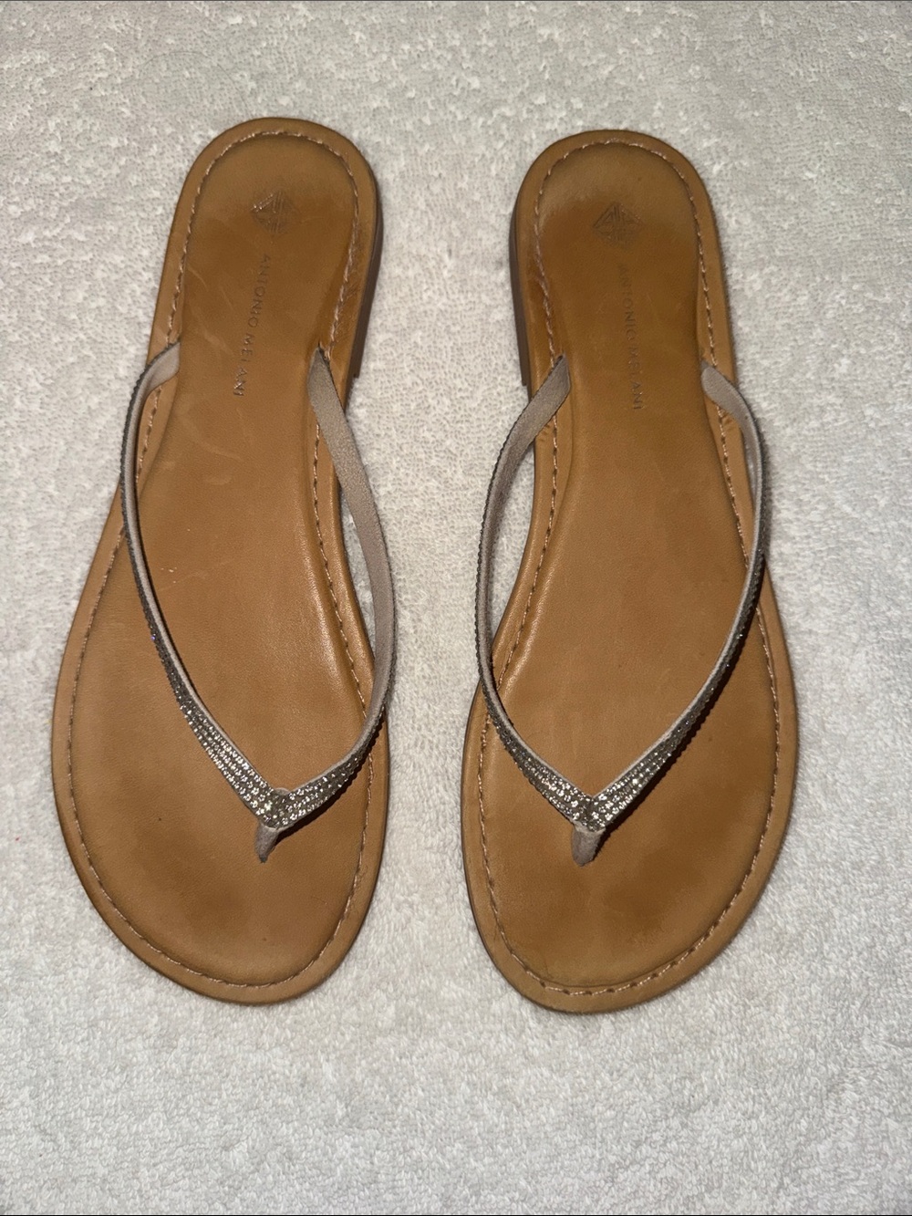 ANTONIO MELANI Tan Leather Flip-Flop Sandals with Sparkling Taupe Straps